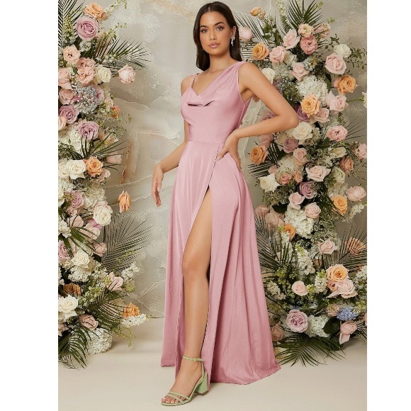 Glam Pink Bridesmaid Satin A Line Dress - Picture 4 of 5
